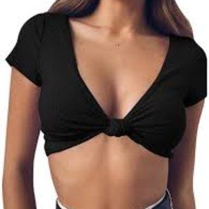 Mizoci Womens Sexy Deep V Neck Knot Front Crop Top